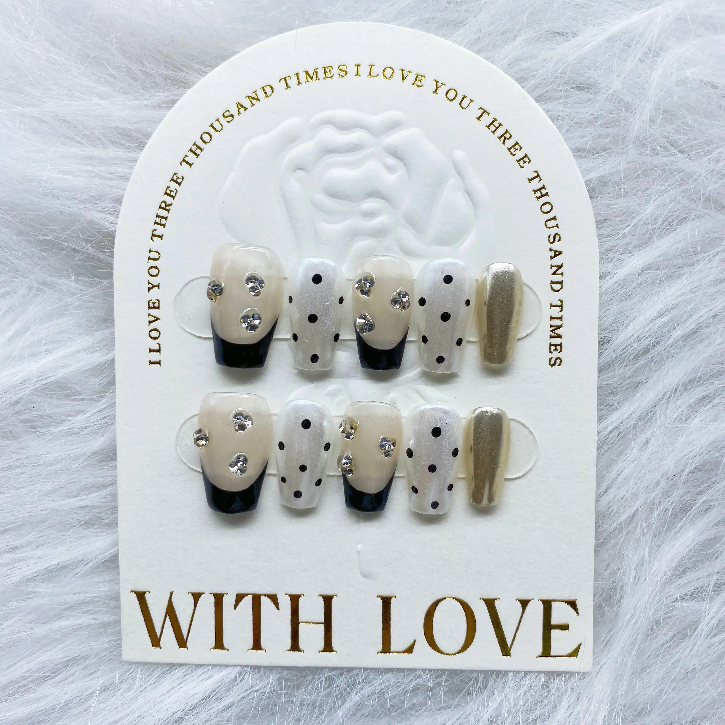 Wholesale Japanese Style Polka Dot Sweetheart Detachable Reusable HighQuality Elegant White Handmade Press On Nails.No.C151