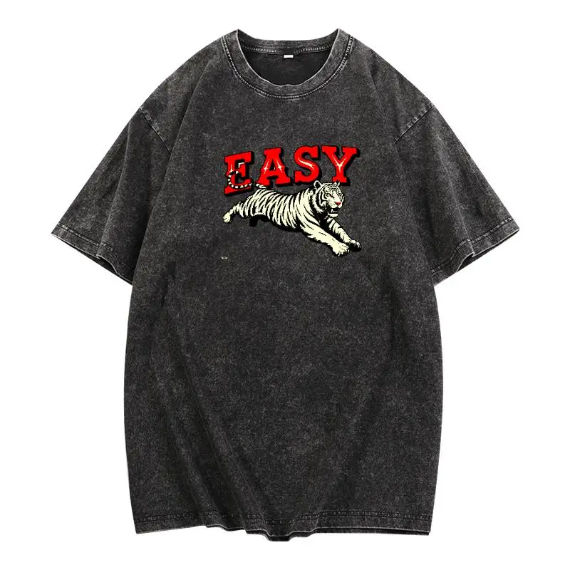 

Vintage Washed T-shirt Tiger Graphic Tees Easy Print Oversized Retro Style Tops Men Women Summer Streetwear