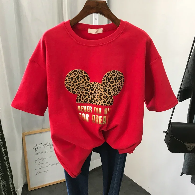 Gold Letter Grapic Leopard T-shirts Women Summer Loose Harajuku Female Black White T Shirt New Casual Women's Clothing Korean