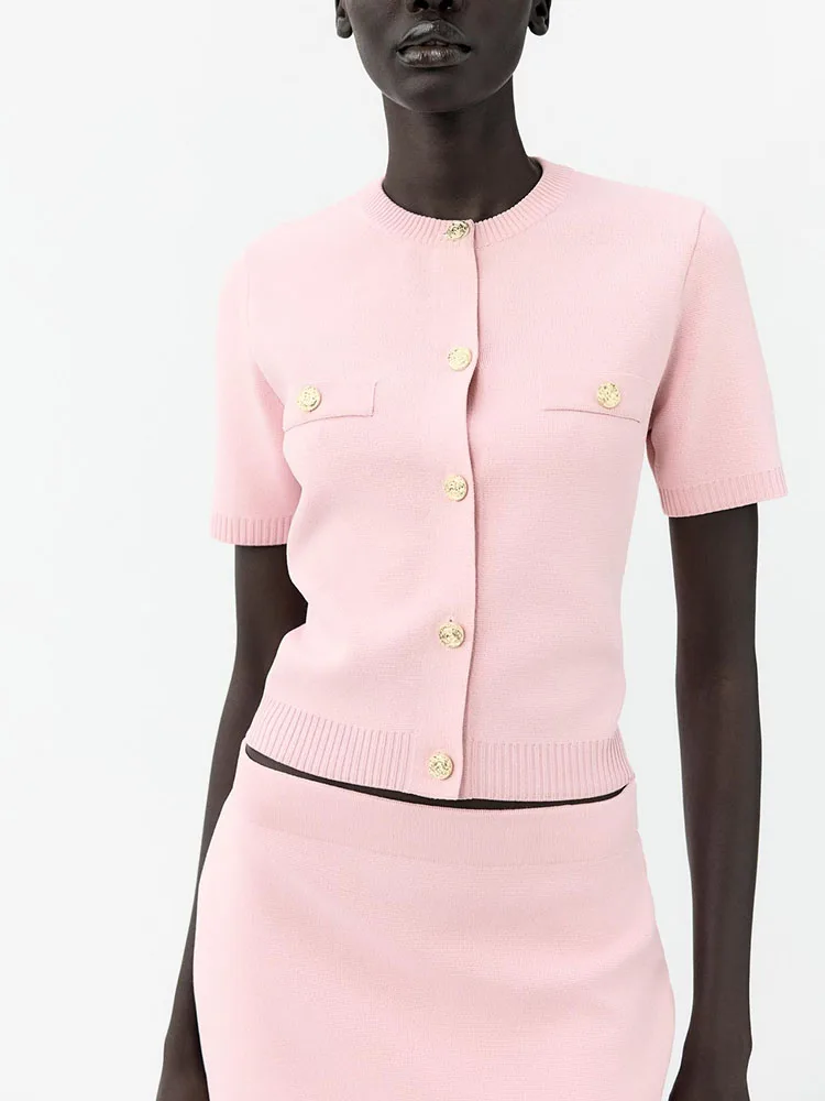 New Summer Women's Knitted Jaet Versatile  Skirt Set ort Sve Button round Ne Two-Piece Faionable Outfit