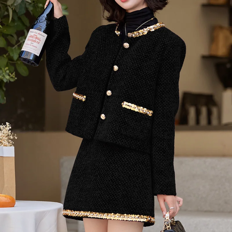 ZJYT Autumn Winter Women\'s Sequined Tweed Woolen Jacket Suit with Skirt 2 Piece Set Elegant Outfit Office Lady Party Dress Sets