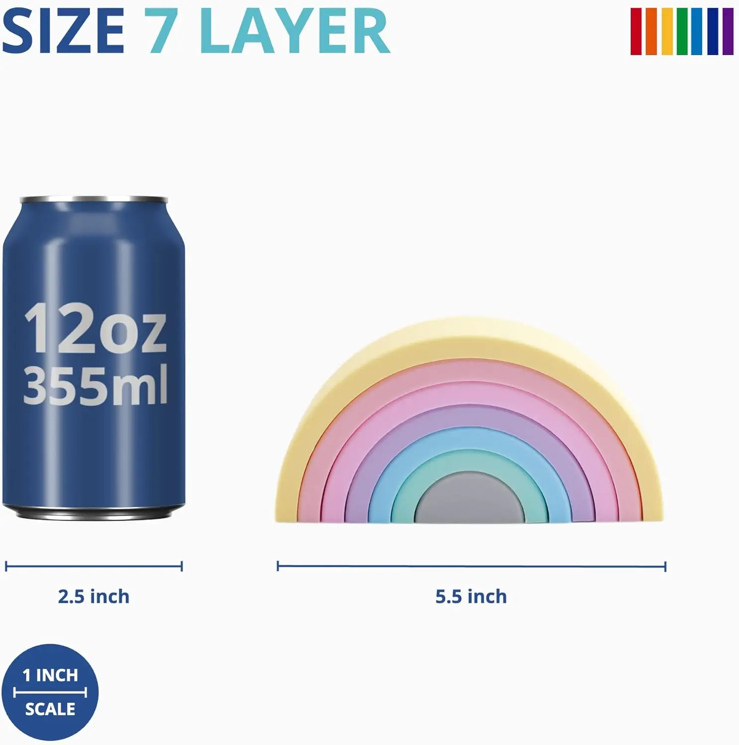 Empilhador de arco-íris de silicone - quebra-cabeça de nidificação Montessori |   Crianças e crianças pequenas |   Brinquedos sensoriais de empilhamento - 7 camadas (pastel)