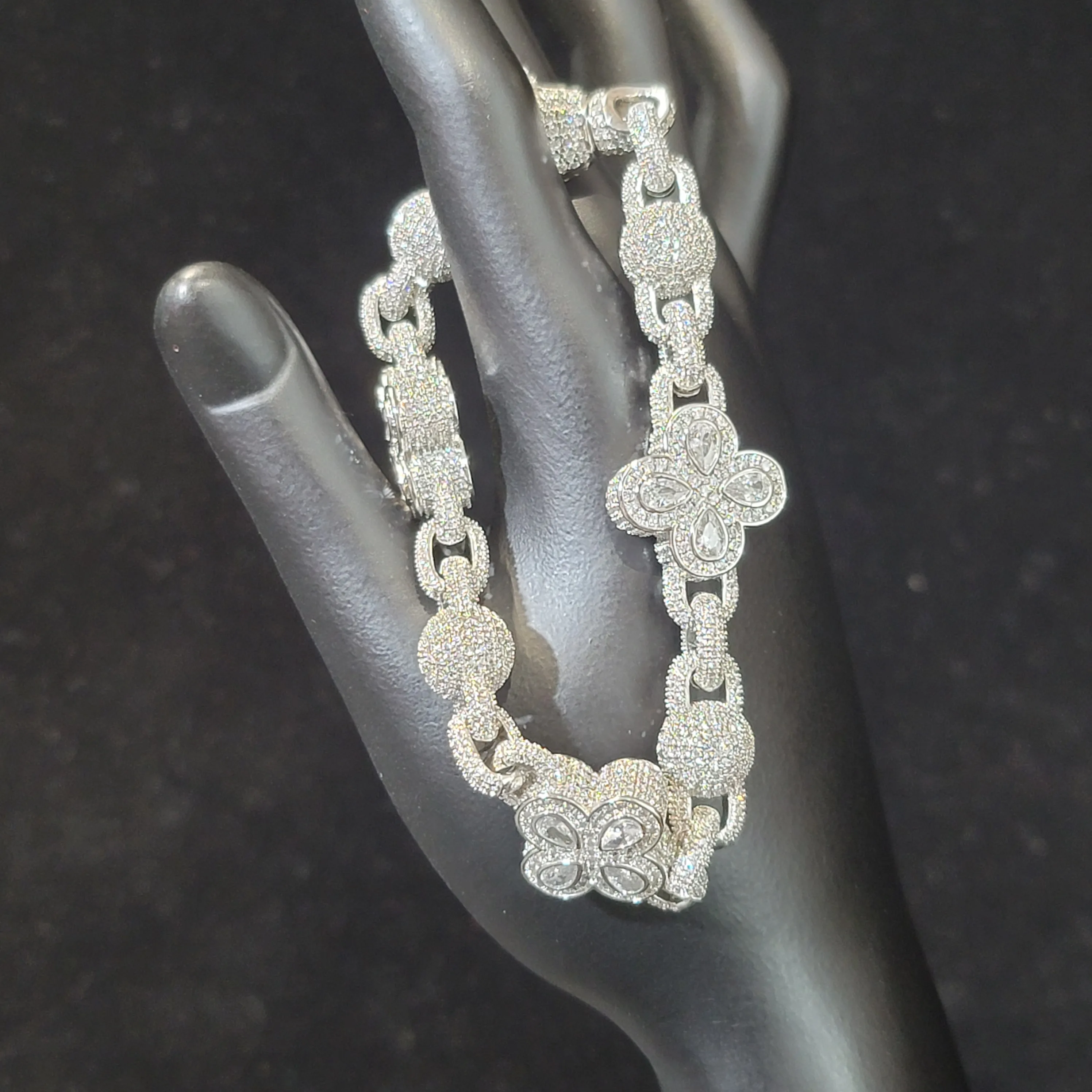 Fashion Round Beads And Flowers Infinity Link Necklace Ice Out Chain Bracelet Paved With Zircon Hip Hop Jewelry Wedding Gifts