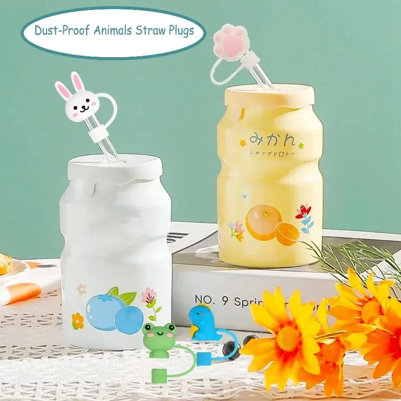 cute animal silicone straw toppers, reusable anti-dust straw caps, universal drinking cup straw accessories
