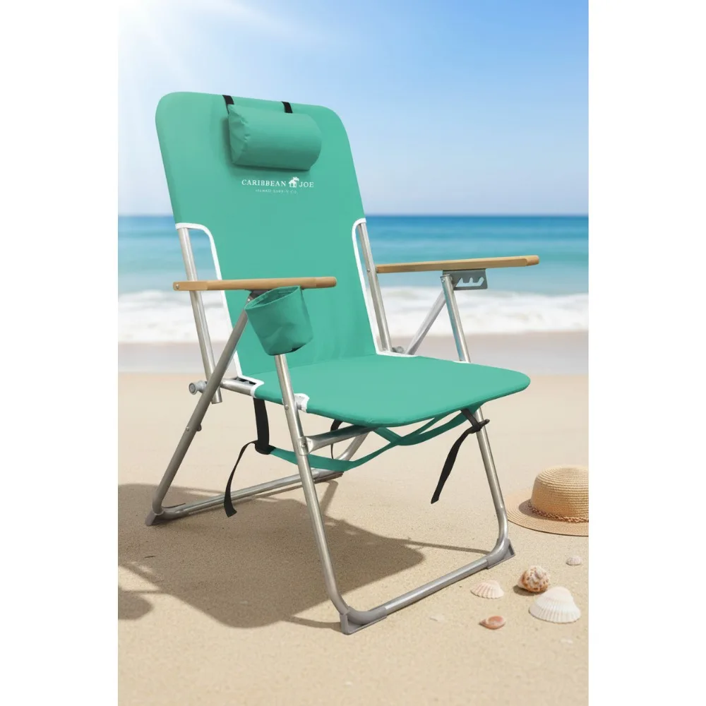 

4 Position Foldable Beach Chair with Headrest, Cup Holder & Backpack Straps, 300lb Capacity Portable Camping Chair