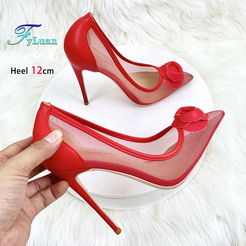 Summer 8-12CM Stiletto Fashion Pointed Banquet Shoes Lady Red breathable Mesh High Heels Single Shoes Wedding Party Women Pumps