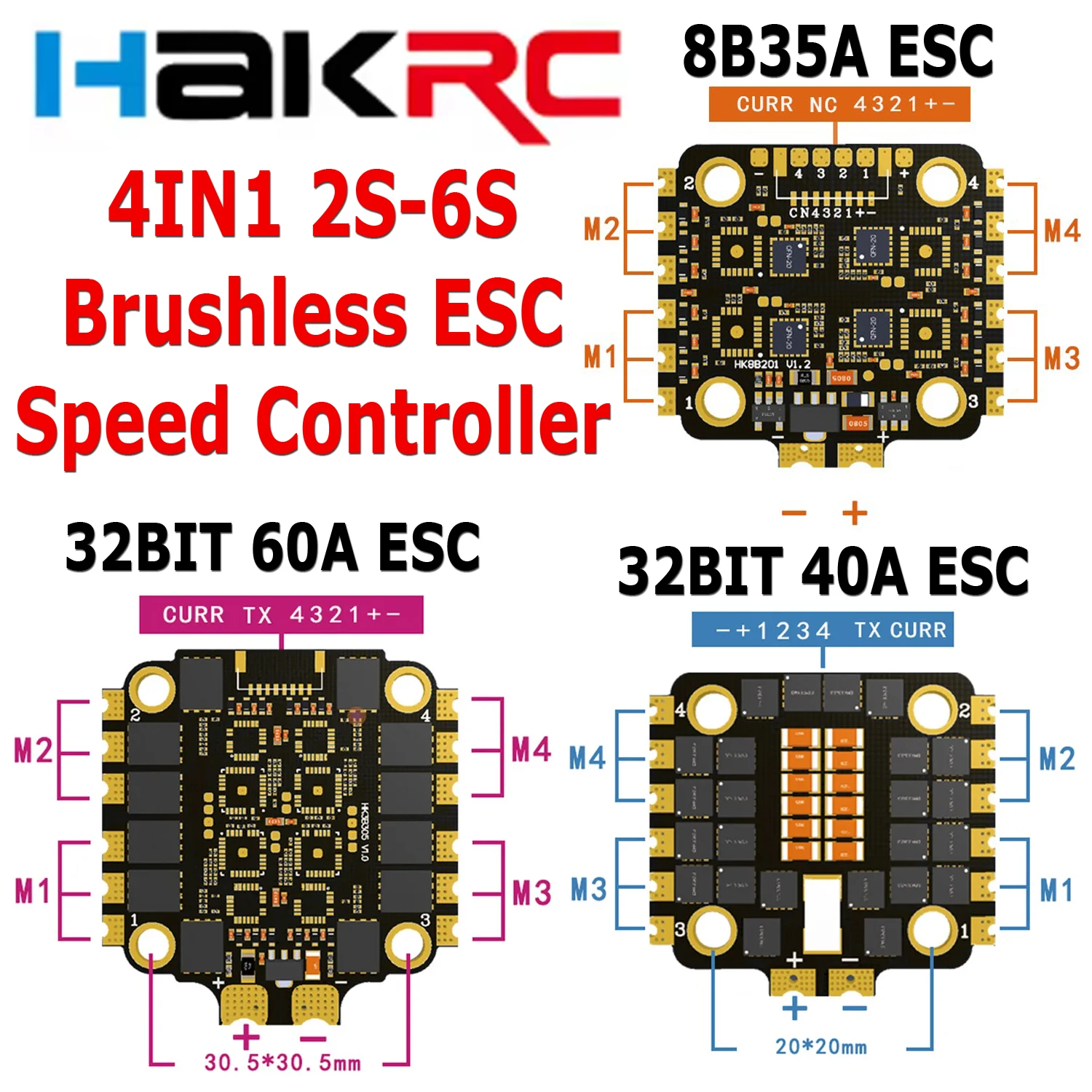 

HAKRC 4in1 ESC 8B35A 32BIT 40A BLHeli32 32BIT 40A 60A BLHeli-32 2-6S Brushless Speed Controller Low-Noise for FPV Racing Drone