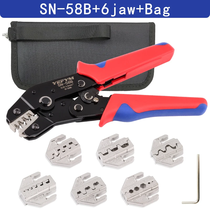 Krimptangset voor Dupont JST MOLEX-terminals, geen/voorgeïsoleerde adereindhulzen, buttconnectoren, zonne- en coaxconnectoren, SN-58B 6-kaak