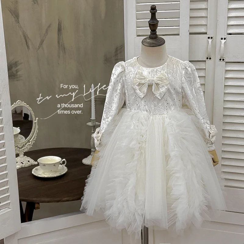 

Girls' Autumn and Winter New Velvet Sequin Bow Mesh Fleece Lined Puffy Cake Princess Dress