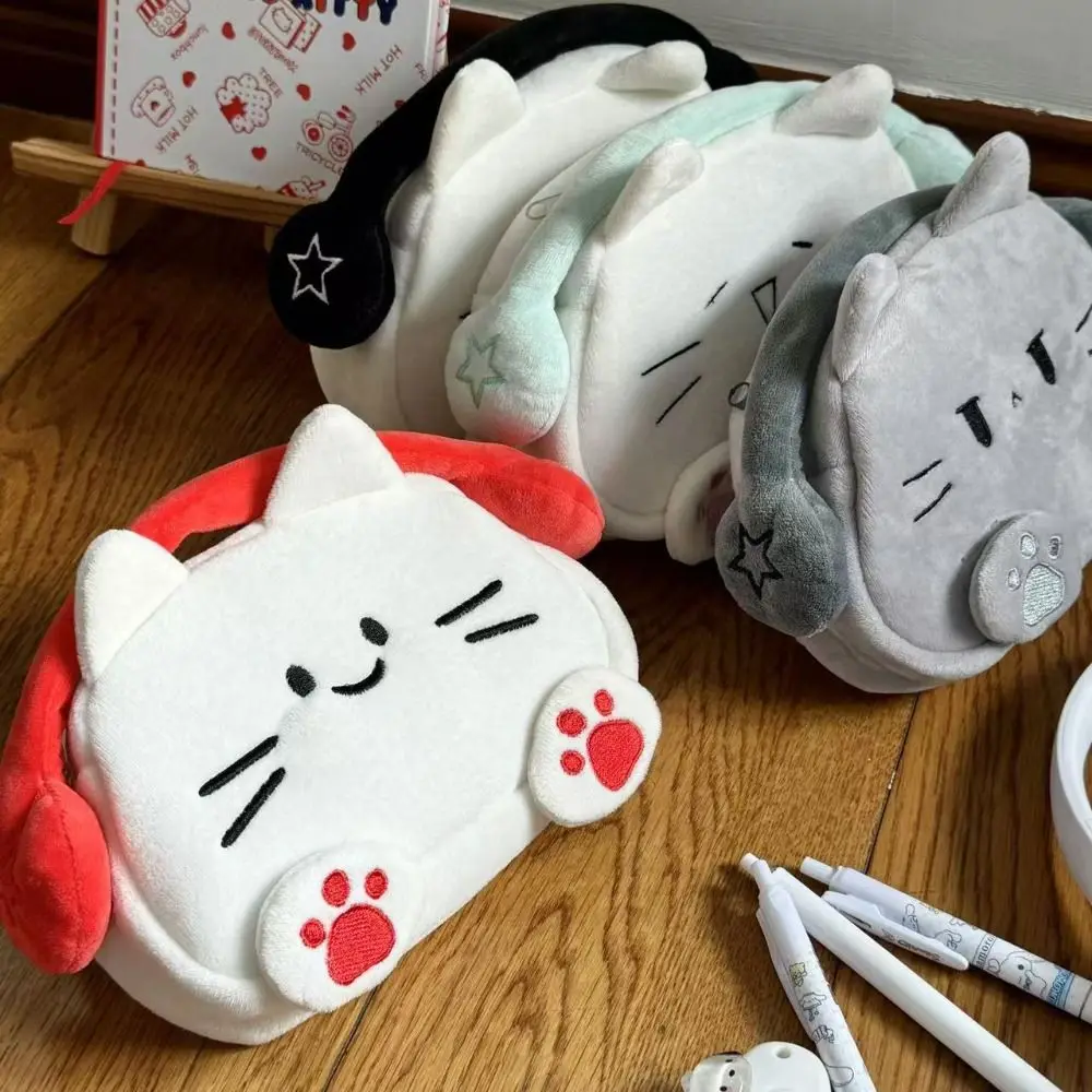 Large Capacity Cat Pencil Bag Transparent Desk Organizer Plush Pencil Case Cartoon Animal Zipper Cat Makeup Bag School Supplies