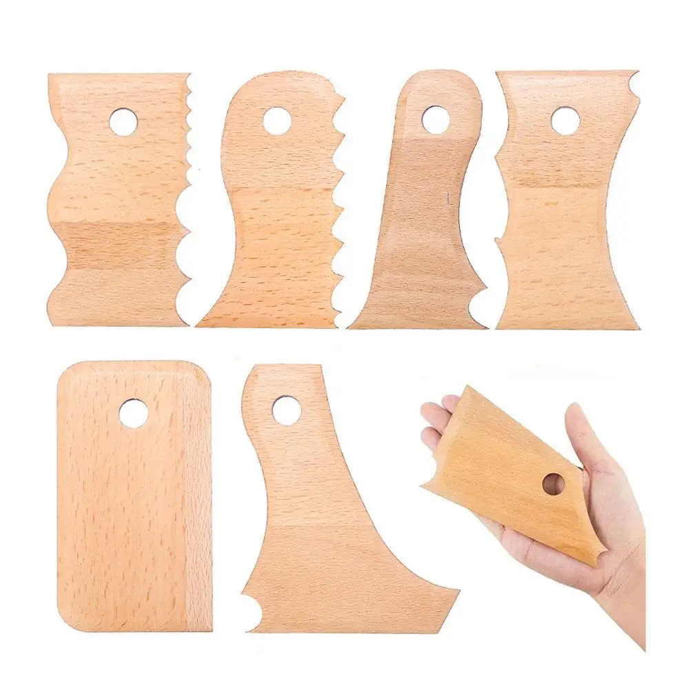 7 PCS Pottery Trimming Tools Pottery Clay Foot Shaper Tools Wooden Texture Profile Rib Bundle Foot Shaper