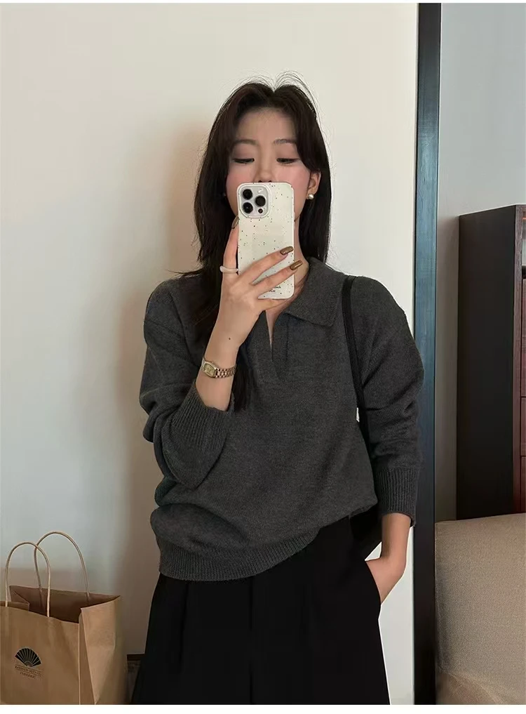 Cashmere gray high-grade polo neck sweater women wear lapels for bottoming knitting.