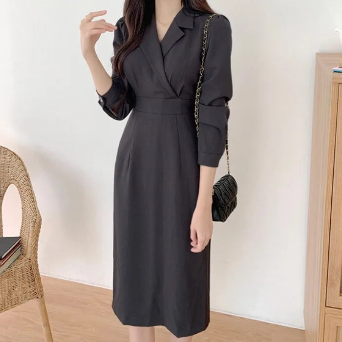 Elegant Autumnal Vintage Style Long Sleeve Belted Slimming Midi Dress Women's Chic Tailored Collar Dress City Commute Ready