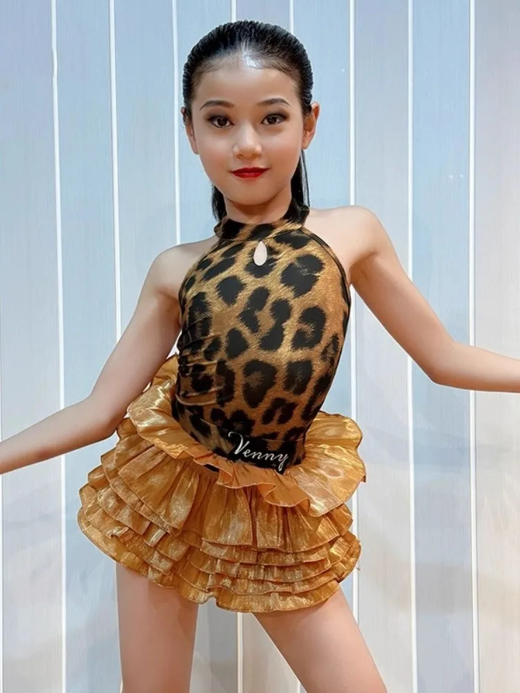 2024 Latin Dance Dress Girls' New Dance Practice Set Children's Leopard Print Cake Skirt vestido baile latino mujer profesional