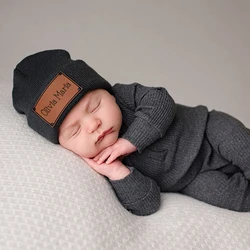 Customized Name Baby Beanie Hat Personalized Leather Beanie Newborn Christening Baby Shower Gift