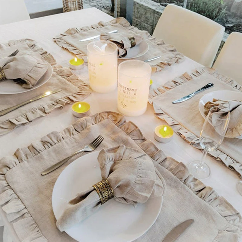 100% Linen Napkins Wedding Dinner Solid Color Flounce Placemats Ruffle Edge Classical Custom Home Table Napkin