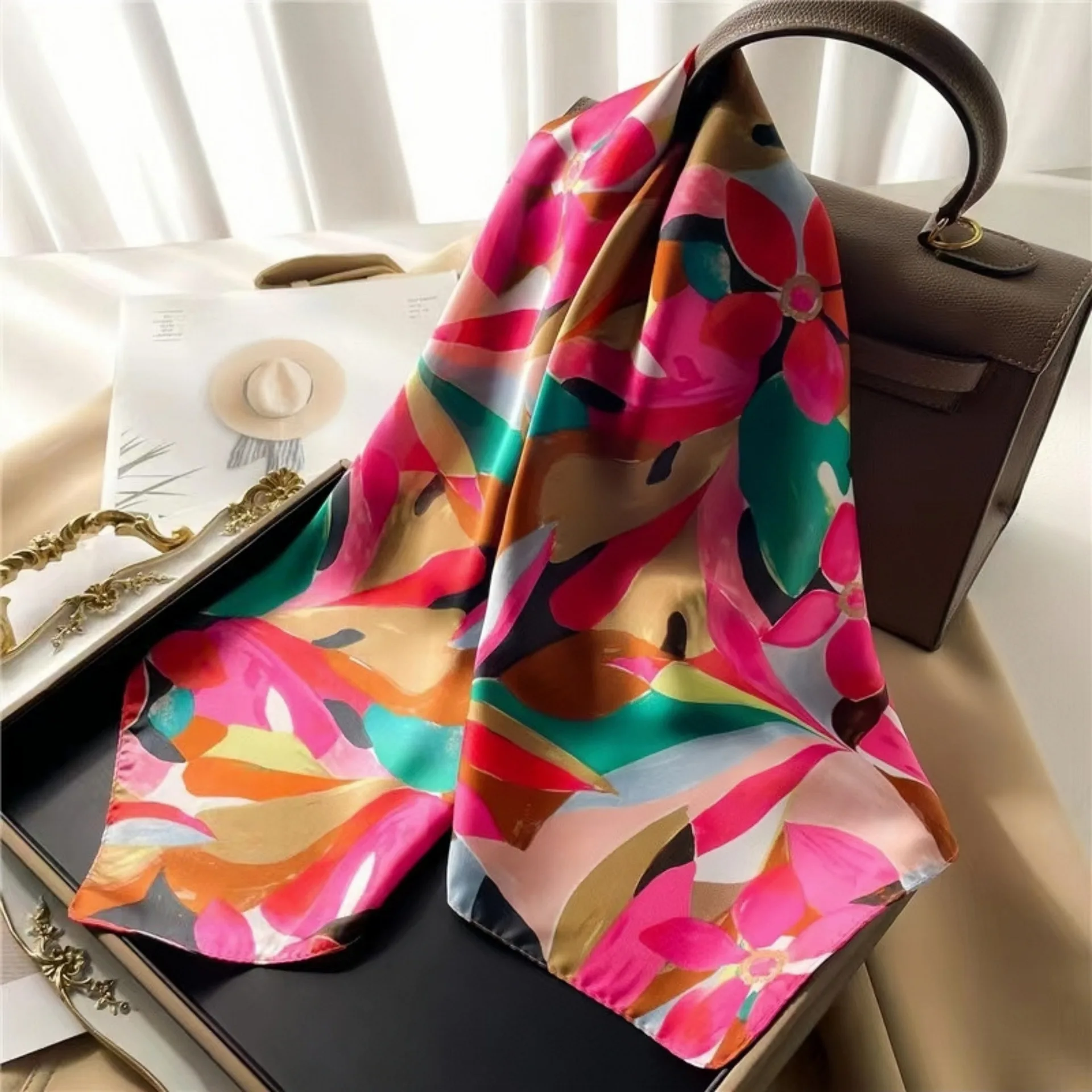 Spring/Summer Colorful Graffiti Bandana Flower Leaf 70*70cm Square Scarf Women New Soft Satin Travel Sunscreen Shawl