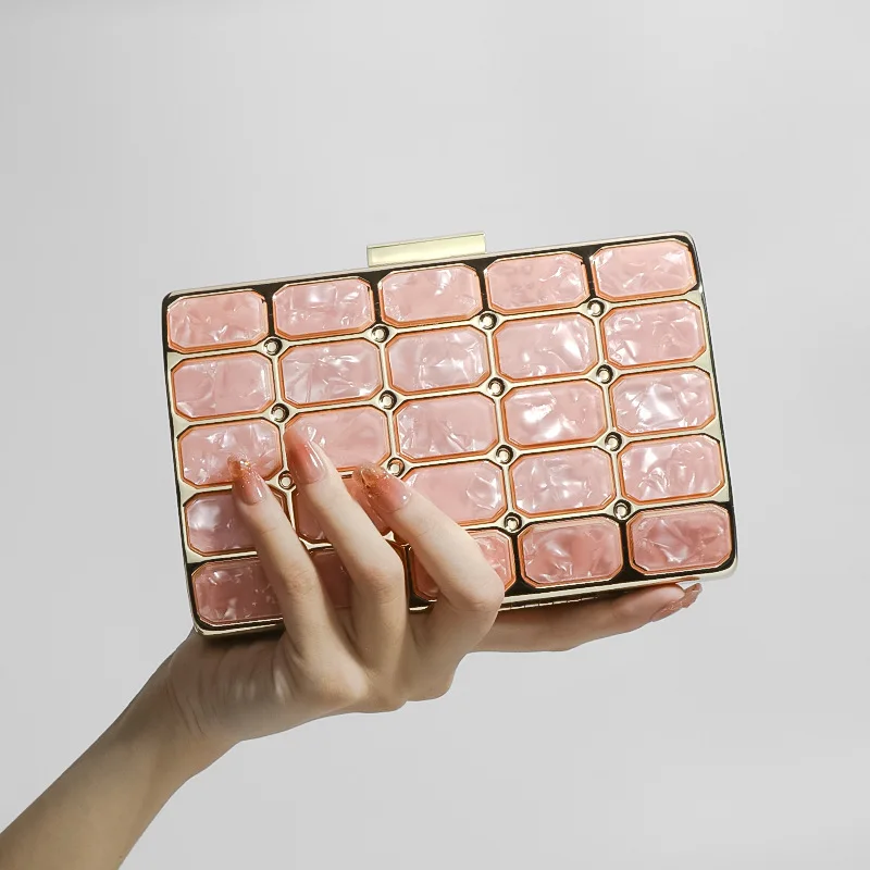 

Pink Stone Patterned Acrylic Women Evening Bags Luxury Formal Party Plaid Handbags Elegant Ladies Clear Mother's Clutch Purse