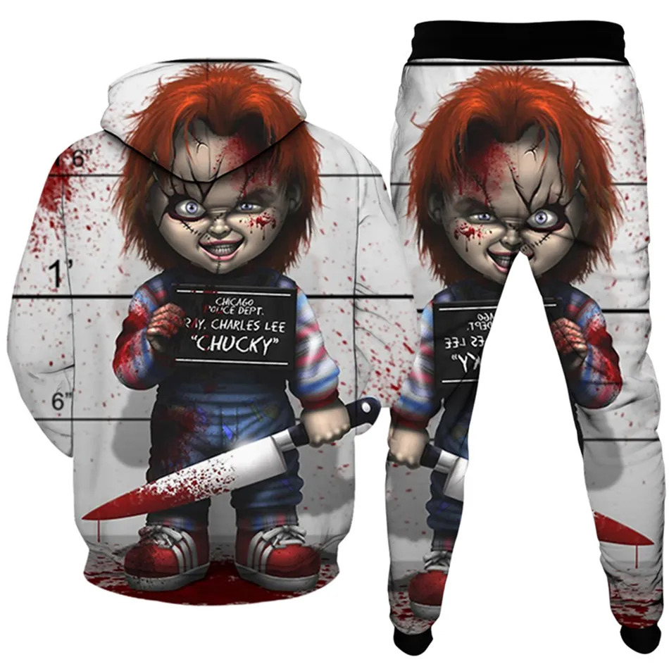 Horror Movie Chucky Anime Print Men Tracksuit Clothes Plus Size S-6XL Women Halloween Punk Hoodies+Trousers 2pcsSuits Sportwea