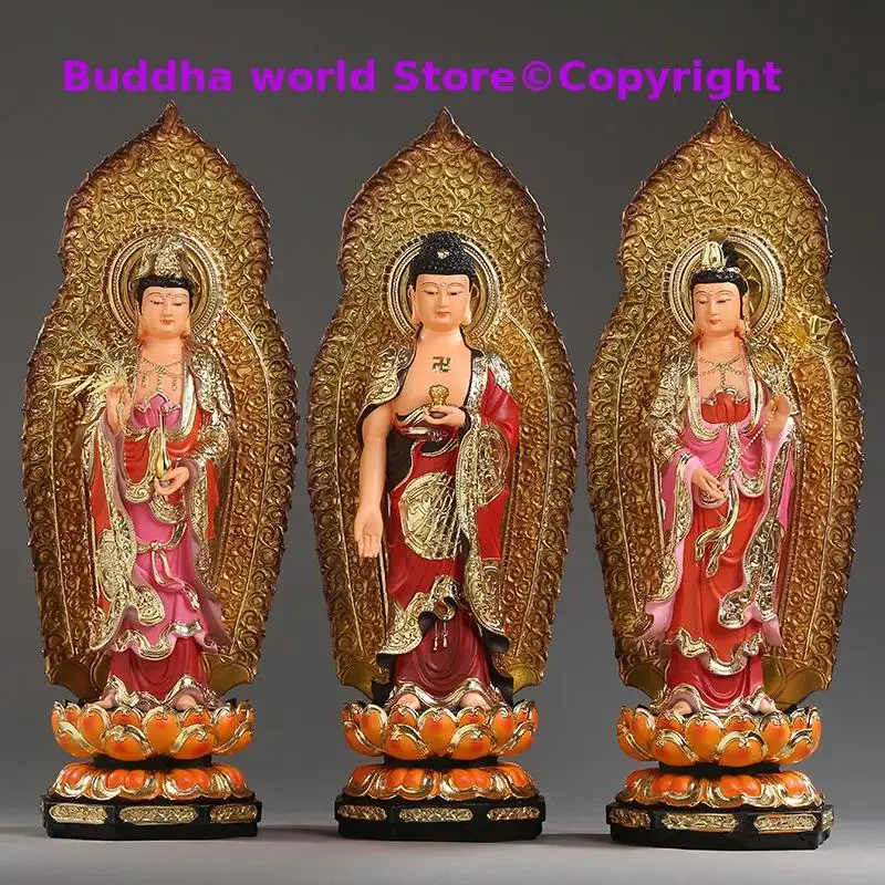 A set 3PCS Large Asia Temple HOME efficacious blessing Western Trinity three saints buddhas Amitabha Avalokitesvara SHIZHI PUSA