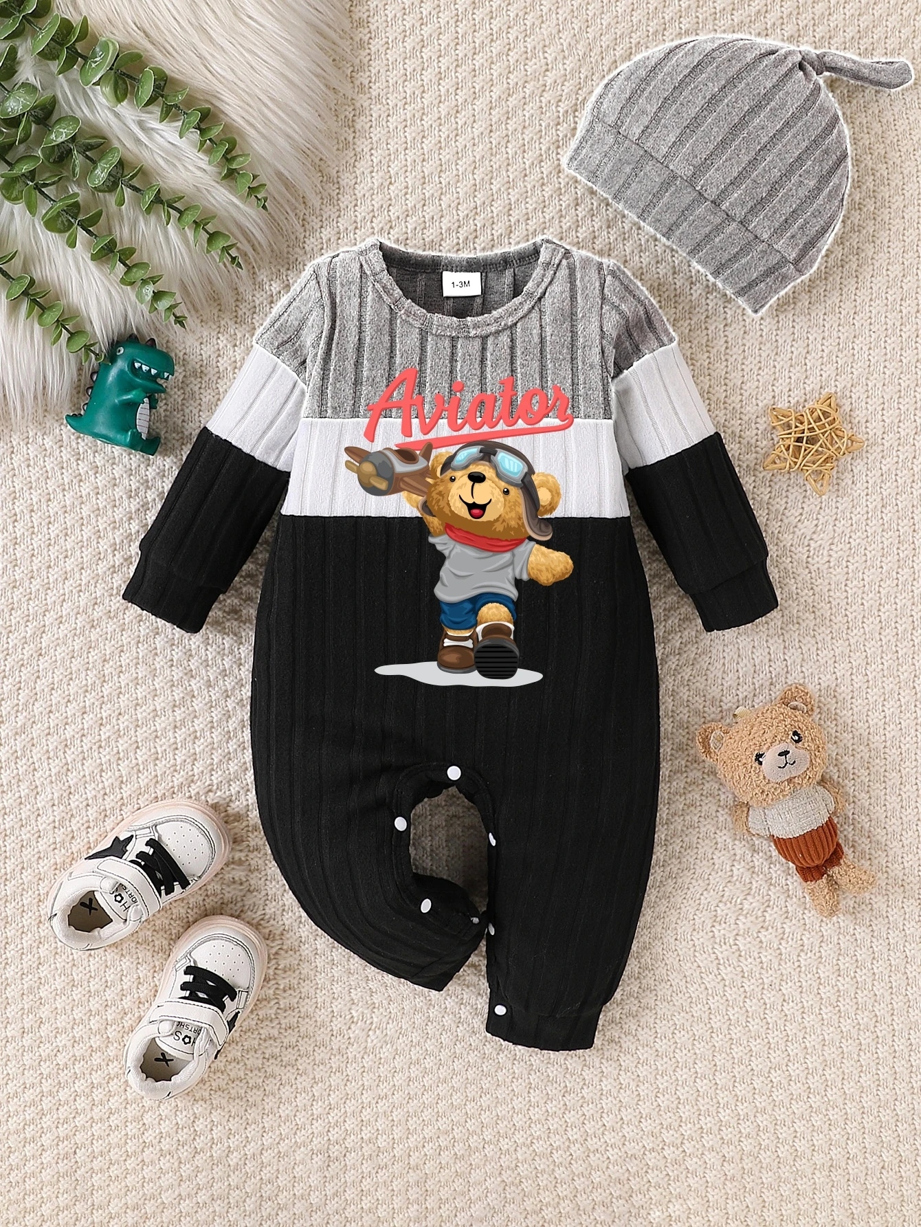 2-teiliger gerippter Neugeborenen-Strampler mit Mütze, Cartoon-Print, Farbblock-Design, Langarm-Baby-Jumpsuit-Set für Jungen von 0-18 Monaten – Detail 9
