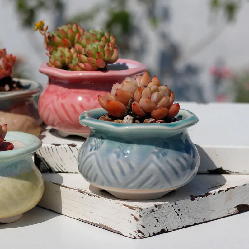 Lace Ice Cracked Succulent Plant Flowerpot Ceramic,Creative Desktop Decoration Breathable Simple Waist FreshColor Red Plant Pots