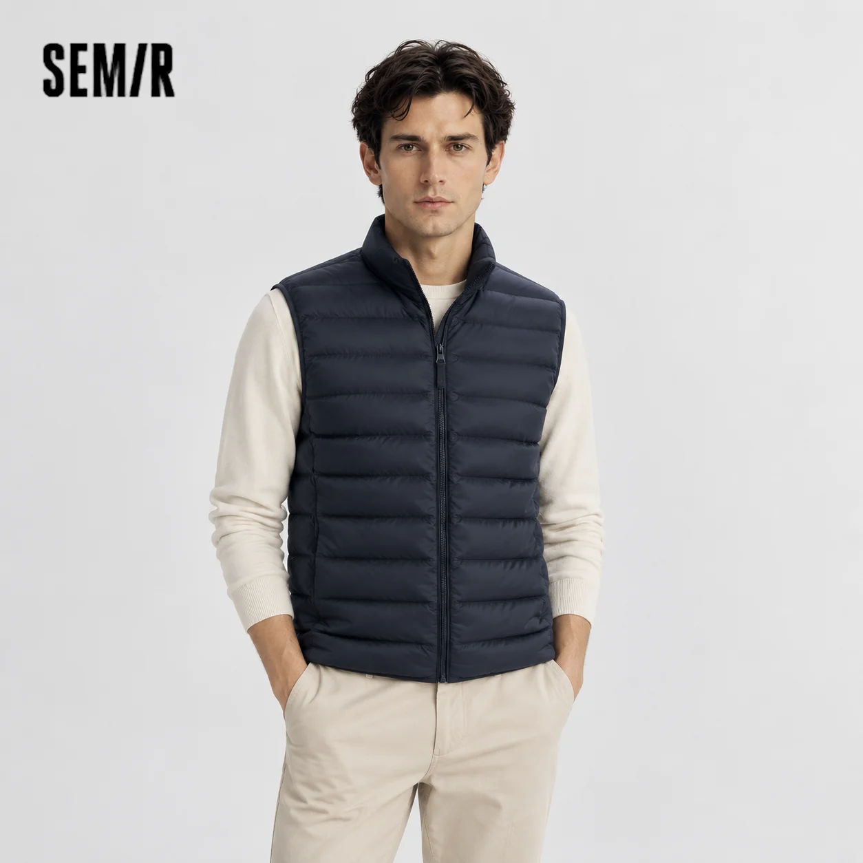 Semir Men Down Vest Water Repellent Lightweight Build 90 Percent Down Fill Stand Collar Solid Color Commuter Style 2026 Winter