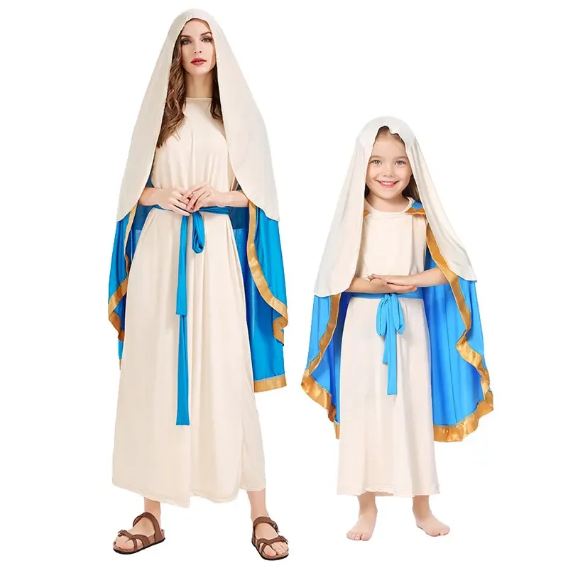 

Halloween Cosplay Virgin Mary Biblical Robes Costume Kids Adult Shepherd Costumes Saint Outfit Stage Show Girls Fancy Dress