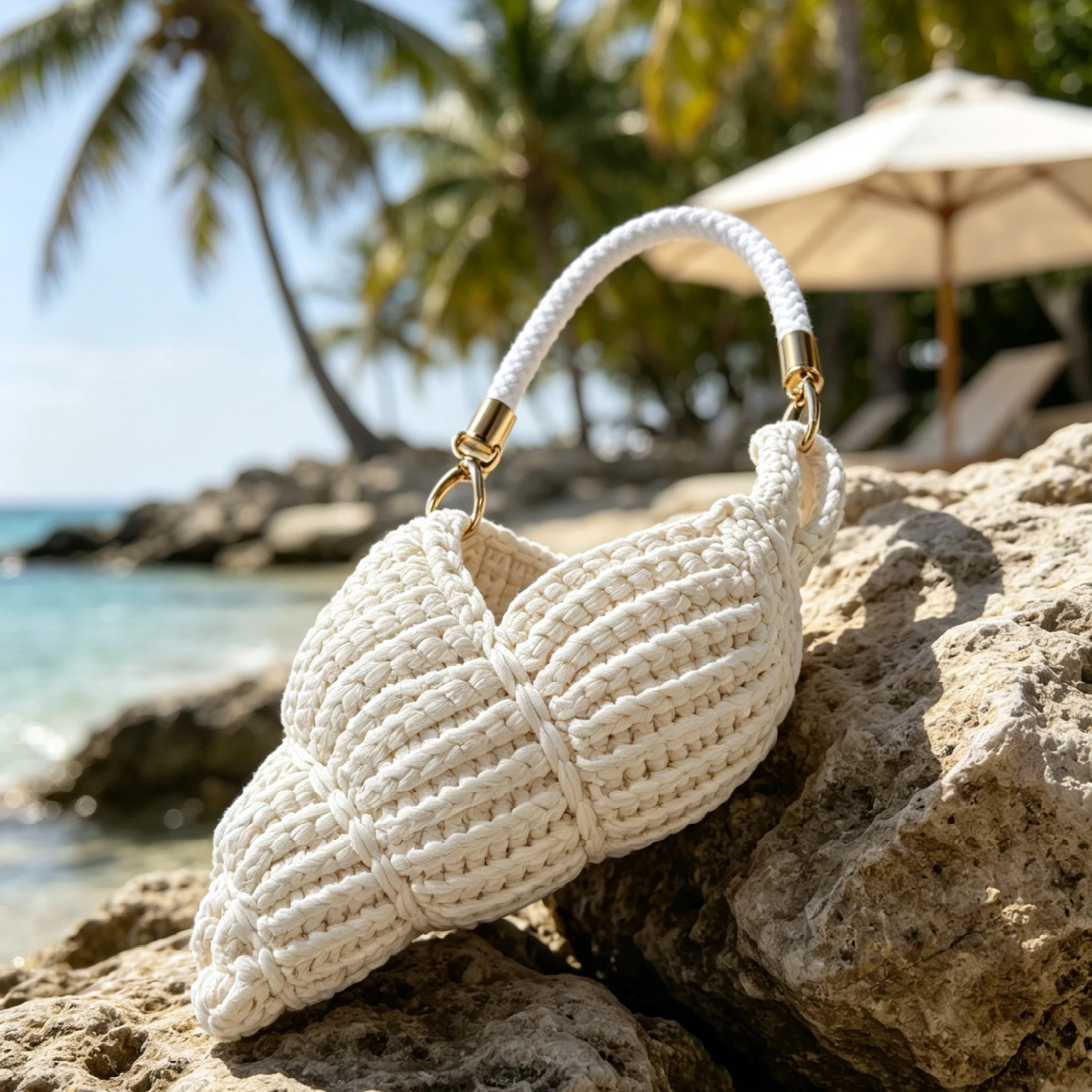 Handmade Crochet Conch Purse - Crossbody Style, with Pearl Chain, Beige Summer Vacation Bag, Suitable for Women, Perfect for Beach and Casual Outings, Beach Tote Bag