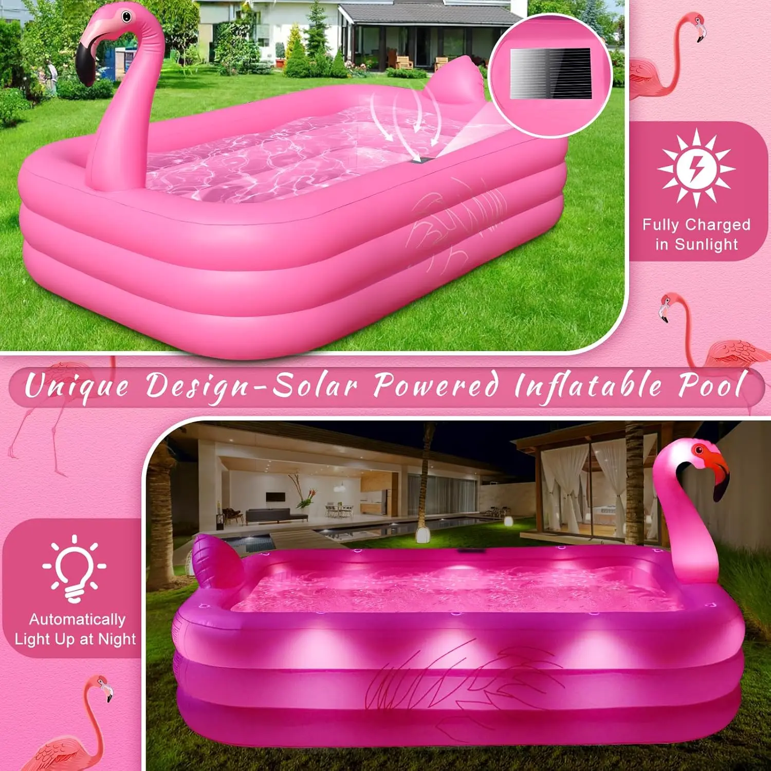 Inflatable Pool with Lights, 2024 Solar Flamingo Swimming Pool for Kids,Adults Inflatable Blow up Pool, Large Kiddie Pool, Durab