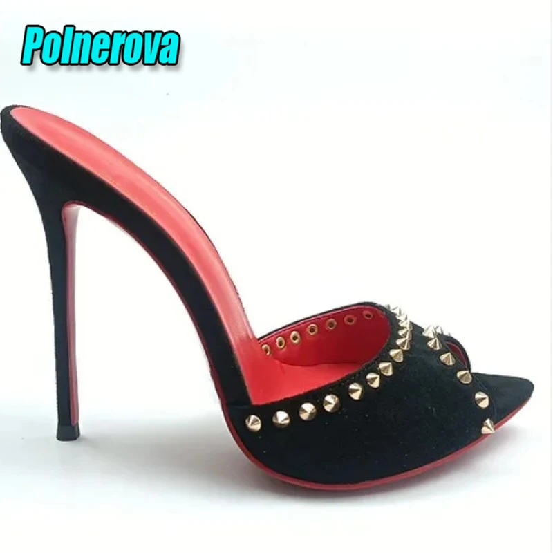 

Summer Suede Rivet Slippers for Women Sexy Peep Toe Thin High Heel Shoes Black Elegant Ladies Party Dress Stiletto Heels Sandals