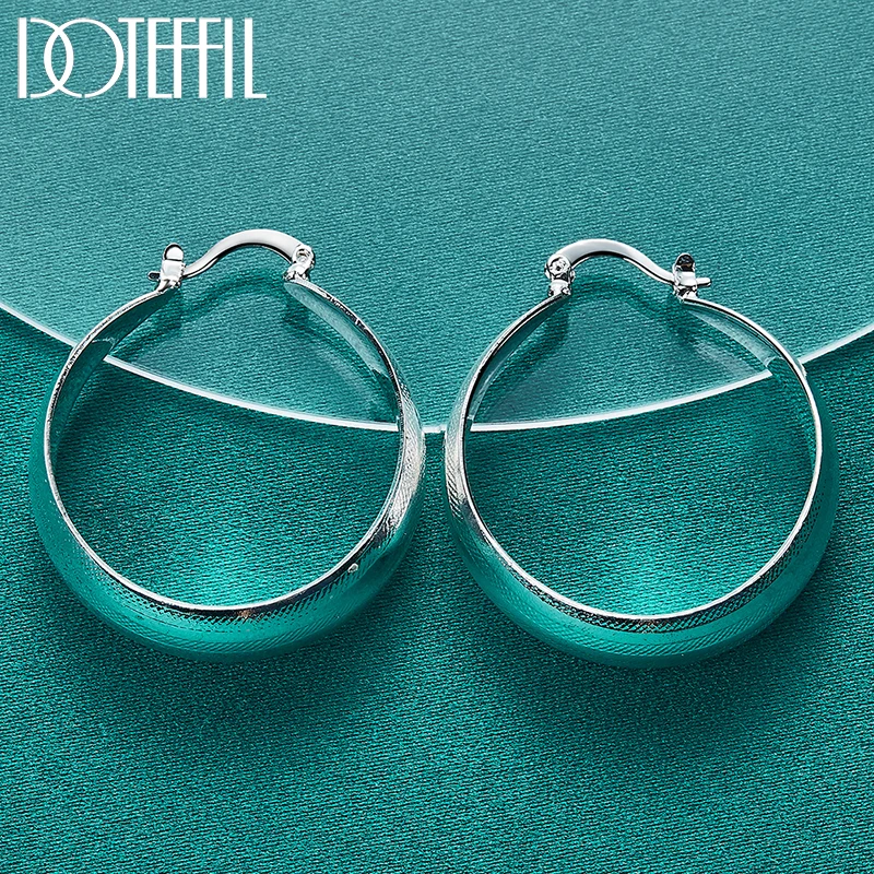 DOTEFFIL 925 Sterling Silver Matte Parallel Smooth Hoop Earring For Woman Wedding Engagement Party Fashion Charm Jewelry