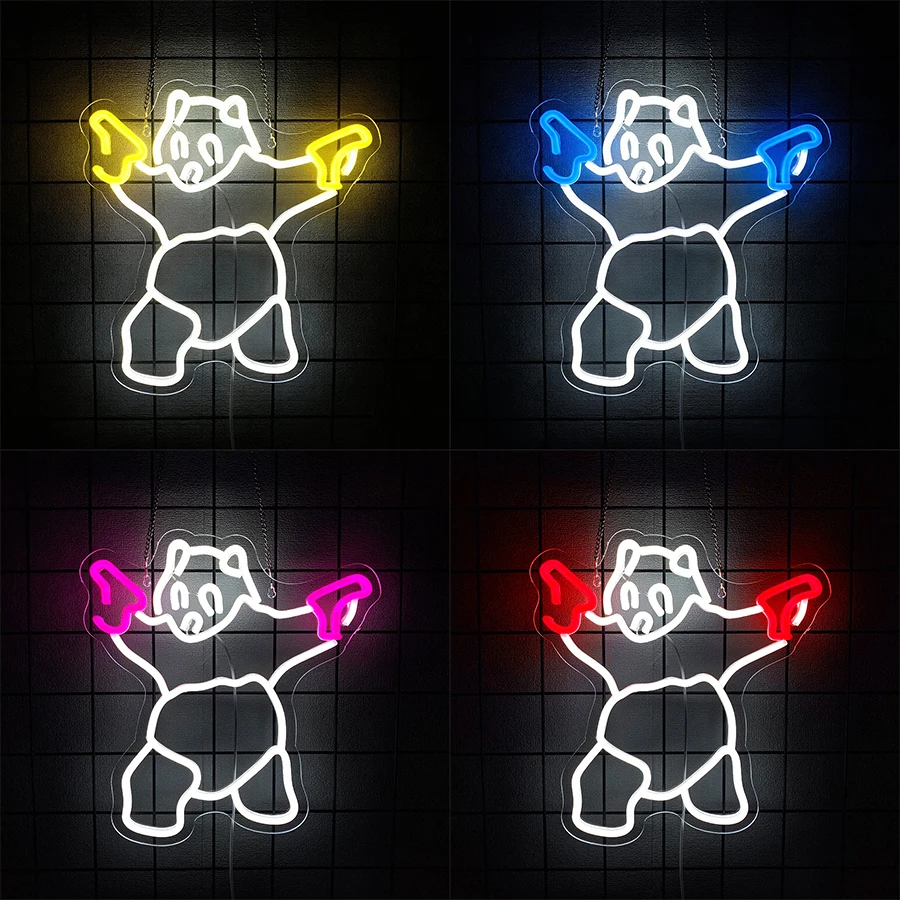 Panda With Gun Led Neon Lights Room Wall Decor, Animal Icon Is Suitable For Bedroom, Game Room, Living Room Birthday Party Sign.