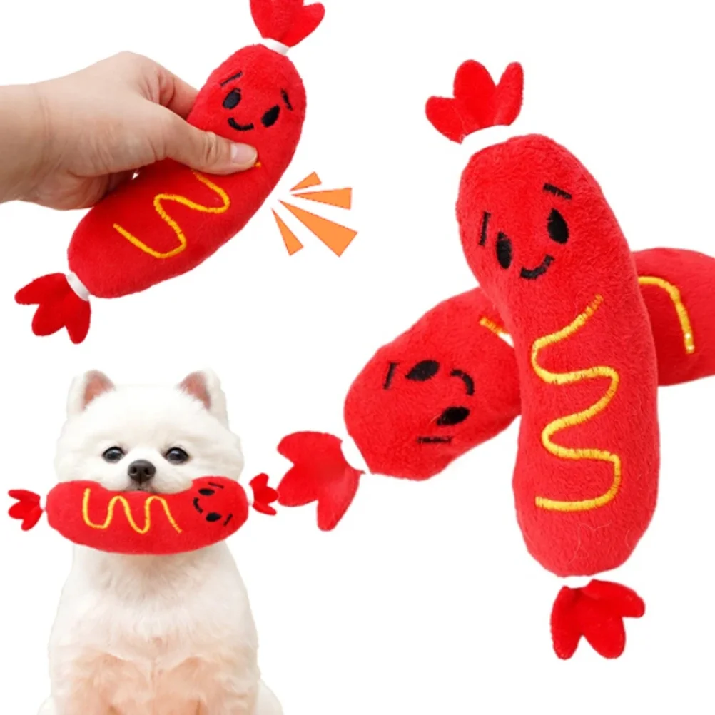 Divertido juguete para perros con salchicha roja, juguete chirriante de felpa suave para perros de todos los tamaños, juguete interactivo para masticar para el tiempo de juego de cachorros