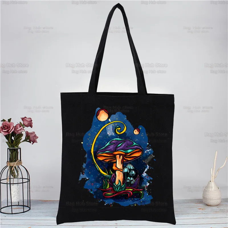 Mushroom Harajuku Shopping Kawaii Ulzzang Black Bags Canvas Tote Bag Cloth Bag Handbag Grunge Graphic Aesthetic Shoulder Bags