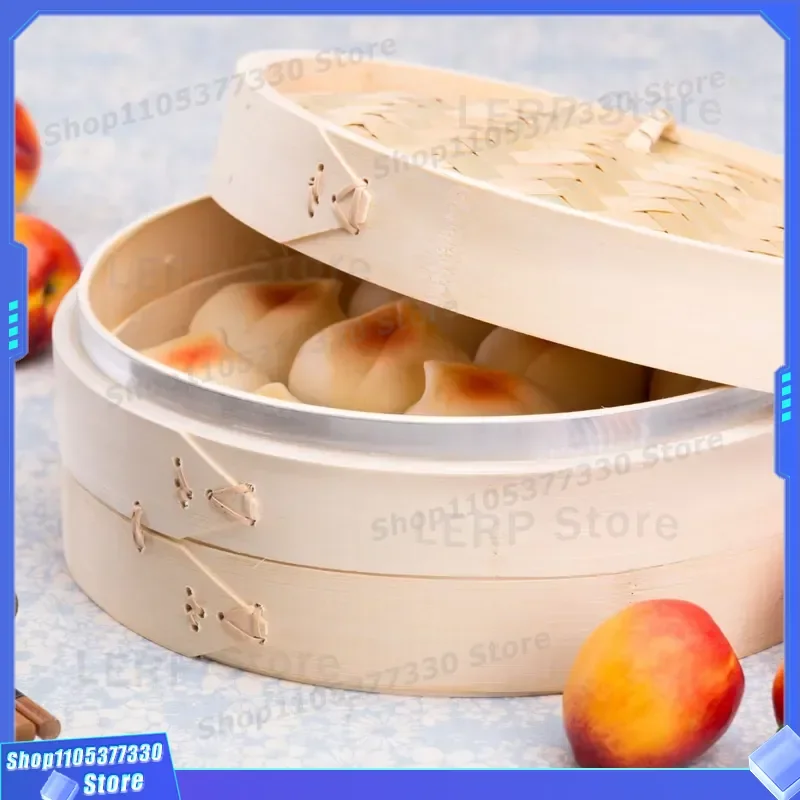 25cm Traditional Bamboo Steamer 10 Inch Stainless Steel Deep Basket Handmade 8L Capacity 2 Layers Gas Stove Compatible