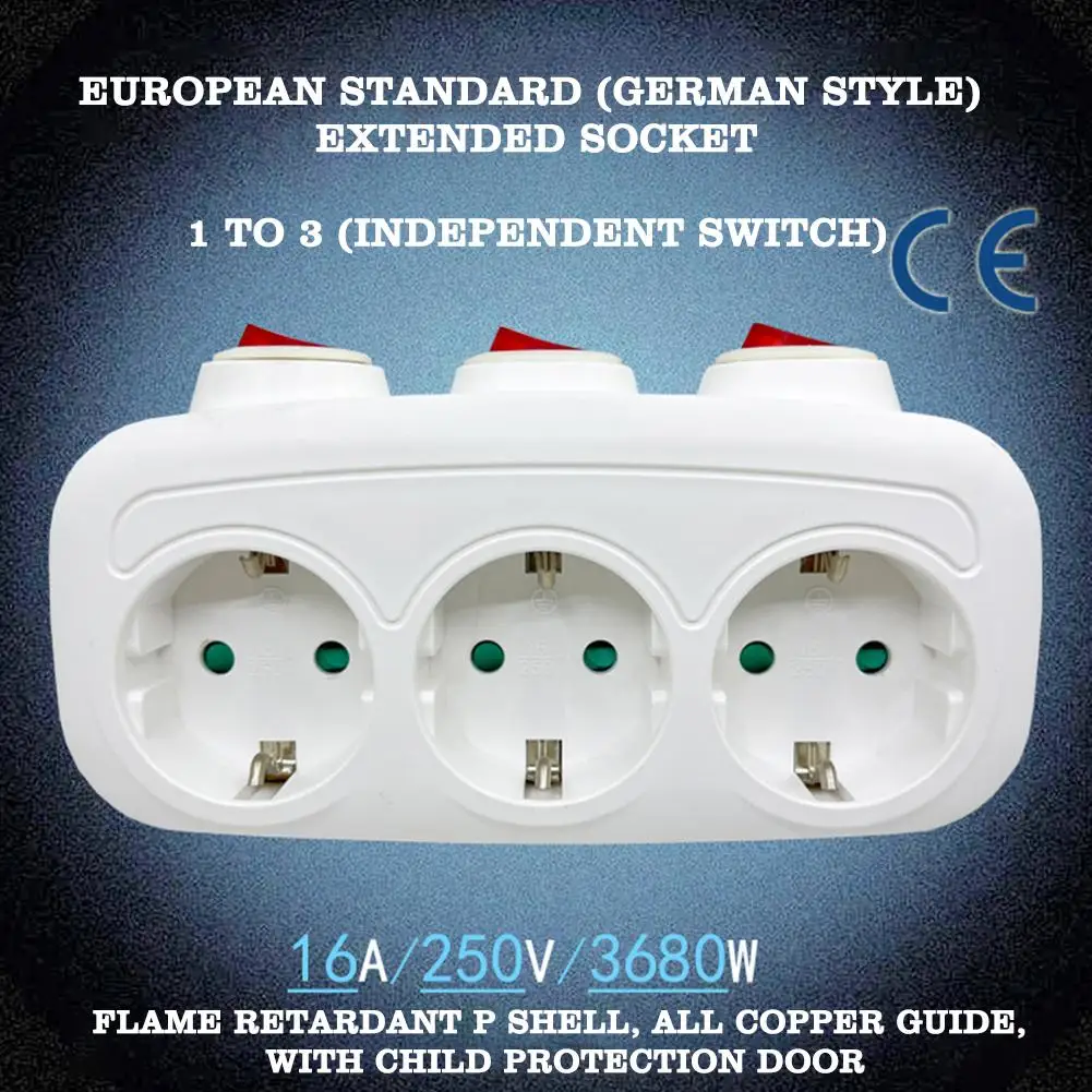 Prises électriques EU avec interrupteur marche/arrêt, montées sur Euro, 1 à 3 voies, rallonge standard allemande, adaptateur, prise de courant