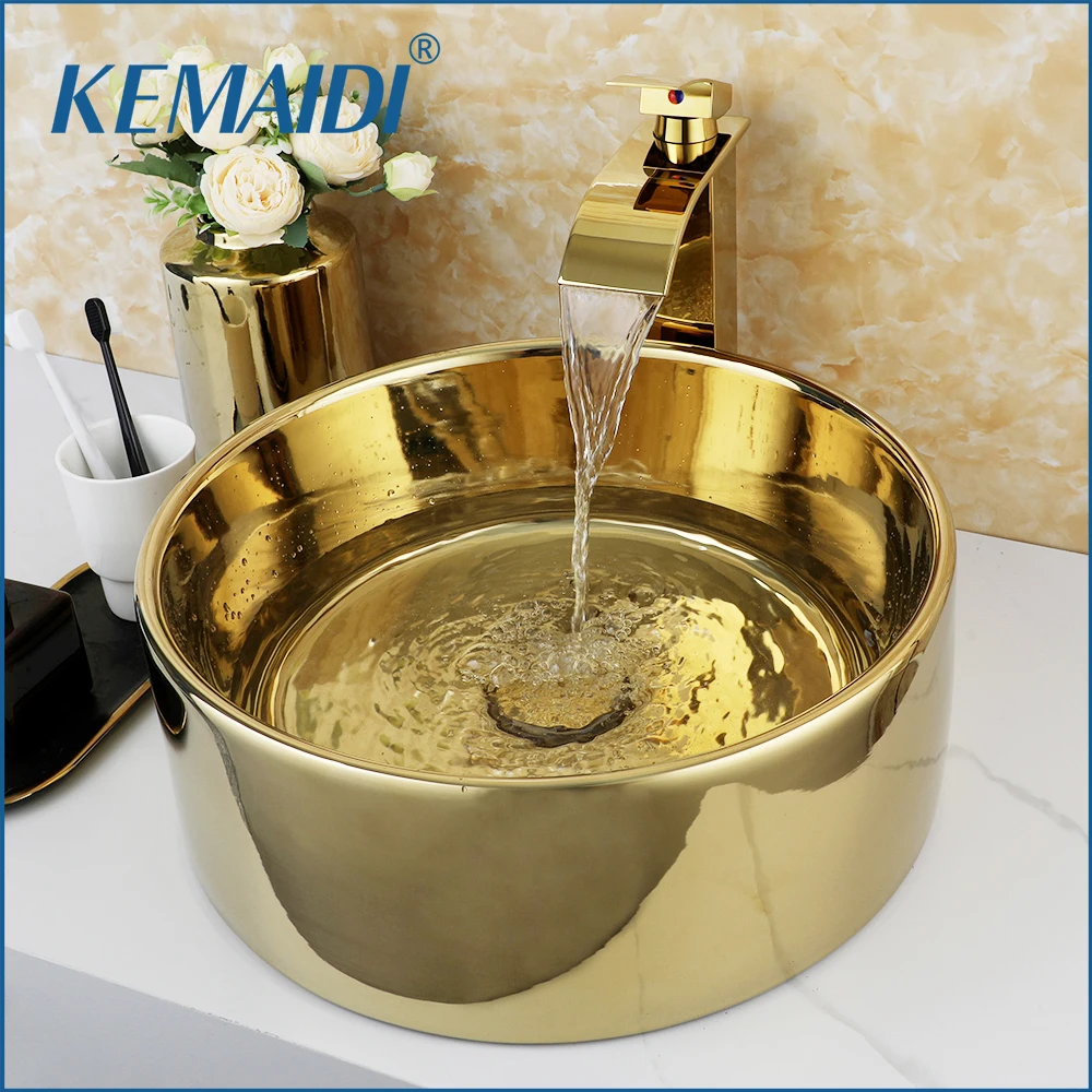 KEMAIDI Bathroom Vessel Sink Luxury Shiny Gold Ceramic Vanity Bowl Round Above Counter Basin for Bar and Cloakroom w/ Faucet Tap