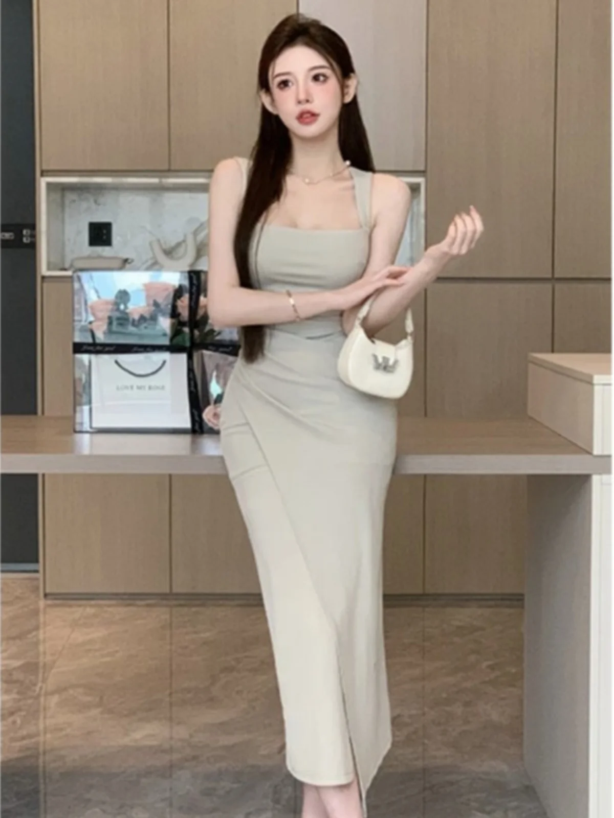 Summer Design Square Collar Bridesmaid Long Dress Women's Stylish Sleeveless Bodycon Gown High Waist Korean Style Midi Dress