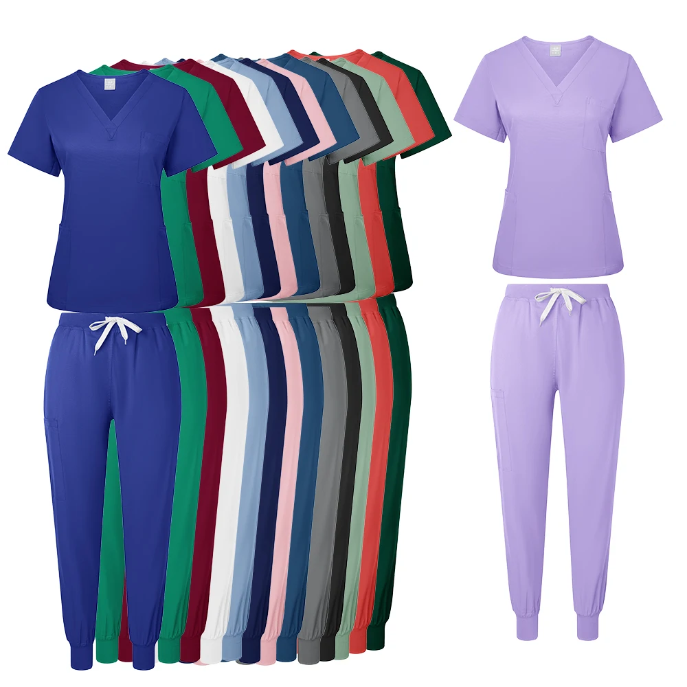 Love Women Four Pockets Medical Scrubs Set V-Neck Surgery Uniform Nurse Scrubs Suits Dental Scrubs Workwear with Jogger Pants