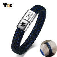 Vnox Customized Medical Men's ID Bracelet Braided Leather Bangle with Clasp Diabetes COPD Alzheimer Personalized Jewelry