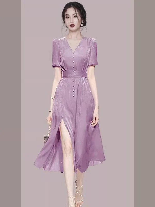 Elegant A-Line Chiffon Dress Fashionable Spring Season High Waist Design Short Sleeve V-Neck Commute Style Women's Dress