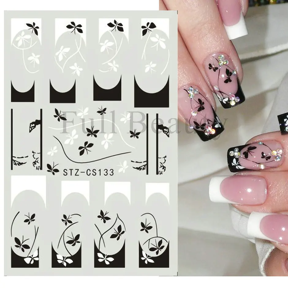 3D francuski geometryczne Manicure paznokci naklejki czarna biała linia liści naklejki Galanthus Nivalis suwak zdobienie paznokci dekoracje GLSTZ-CS136