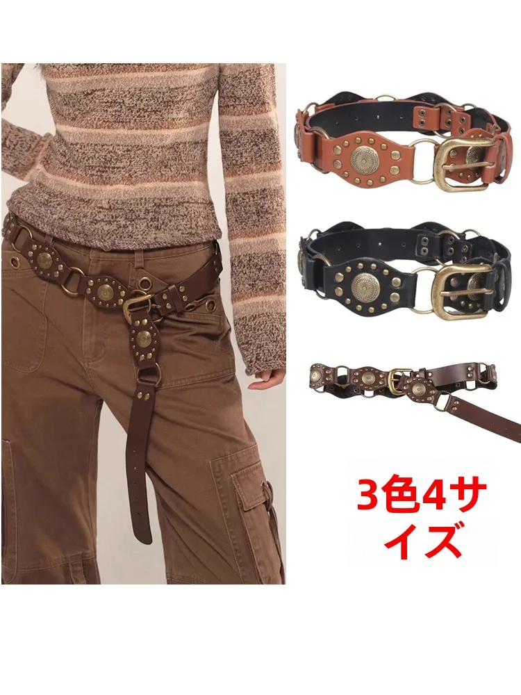 西洋風メタルバックルヴィンテージワイドベルト女性用レトロアメリカンリベット装飾y2kベルトカジュアルスタイルpuレザー