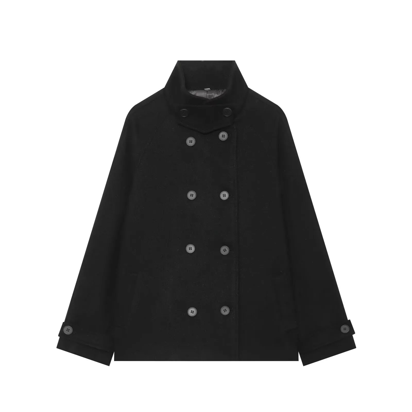 ZOCI Women's Coat 2026 Autumn New Black Long-Sleeve Double-Breasted Stand Collar Loose Wool Coat Mysterious and Elegant