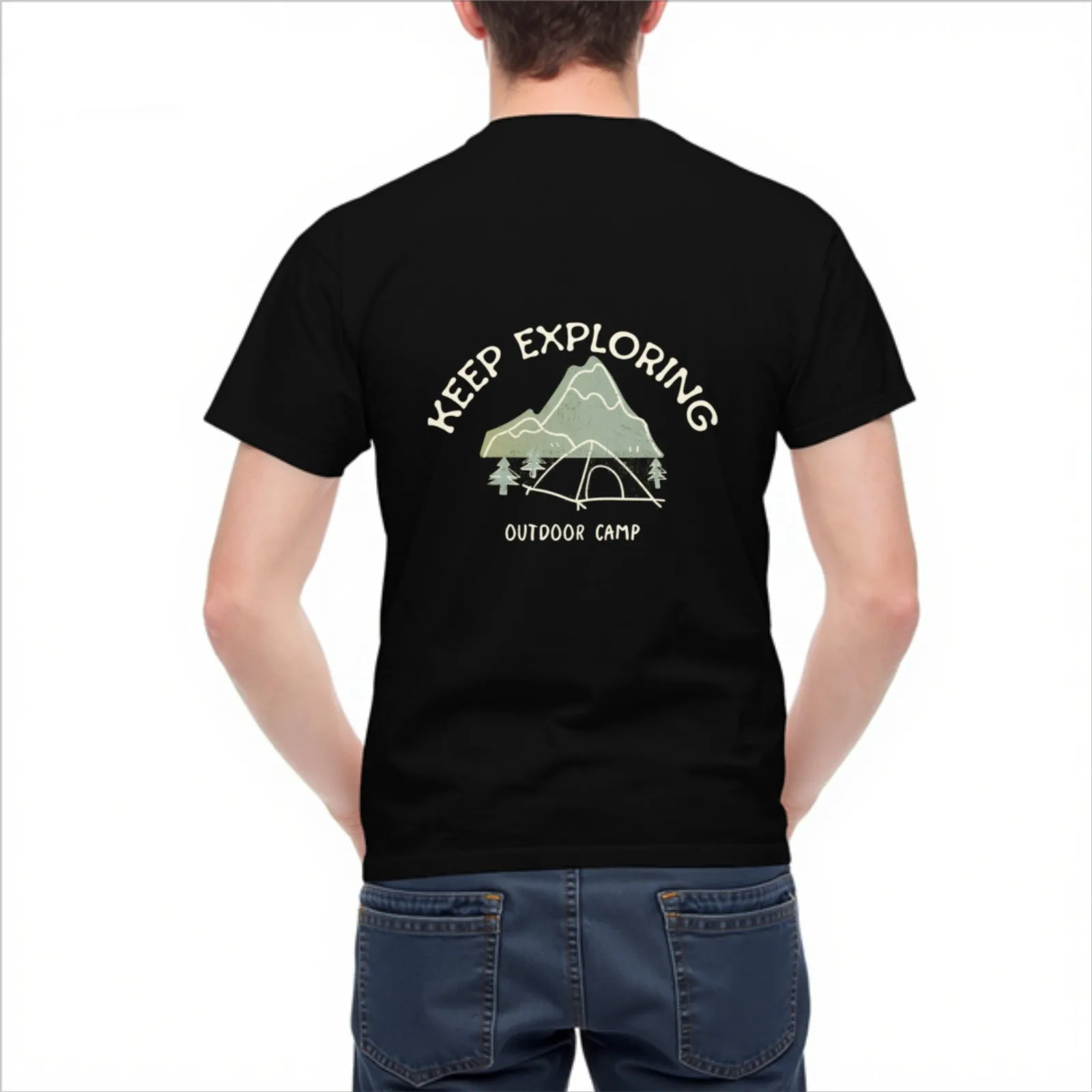 Keep Exploring Mountain Tent Graphic Men's Casual Cotton T-Shirt Outdoor Camping Tee