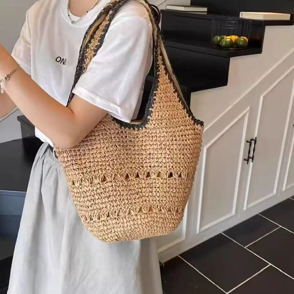 

Casual Large Capacity Straw Bag Fashion Simple Weave Tote Bag Handmade Effortless Style Summer Beach Handbag Beach
