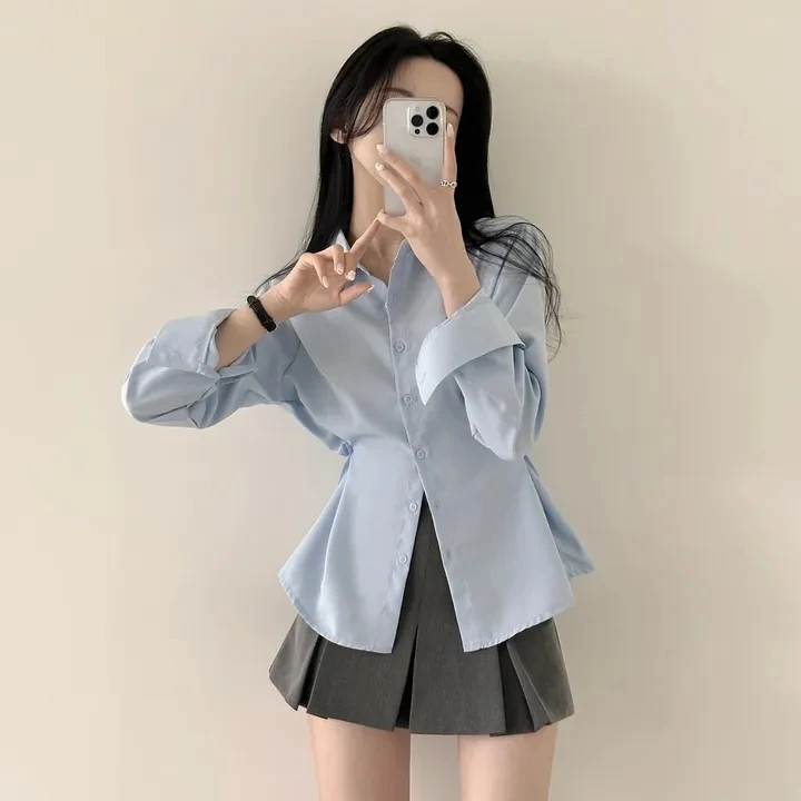 

Blue Long Sve Collar irt Women's Early Spring Slimming Top Waist-Cinching Versatile Commute Sle Pure Color irt