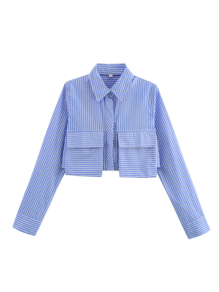 

Zevity Women Fashion Long Sleeve Patchwork Striped Print Short Smock Blouse Female Chic Business Shirt Blusas Crop Tops LS7361