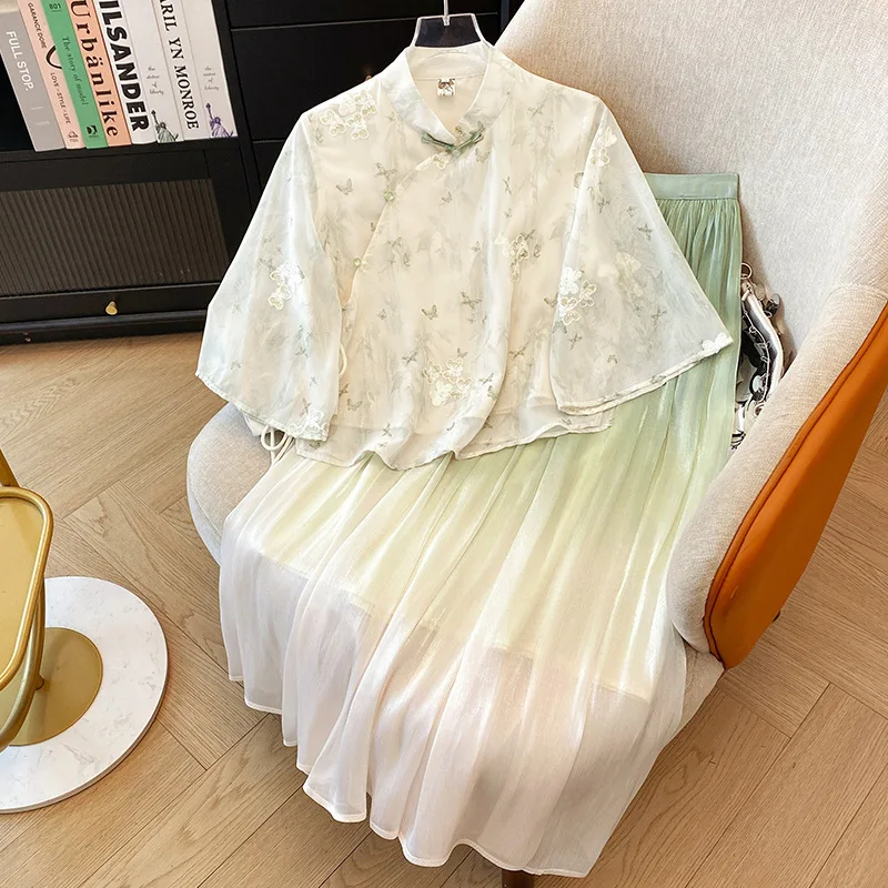 

Yourqipao 2021, летние улучшенные зеленые топы Cheongsam с градиентом, юбка для молодых девушек, комплекты костюмов Тан в китайском стиле в стиле ретро для женщин